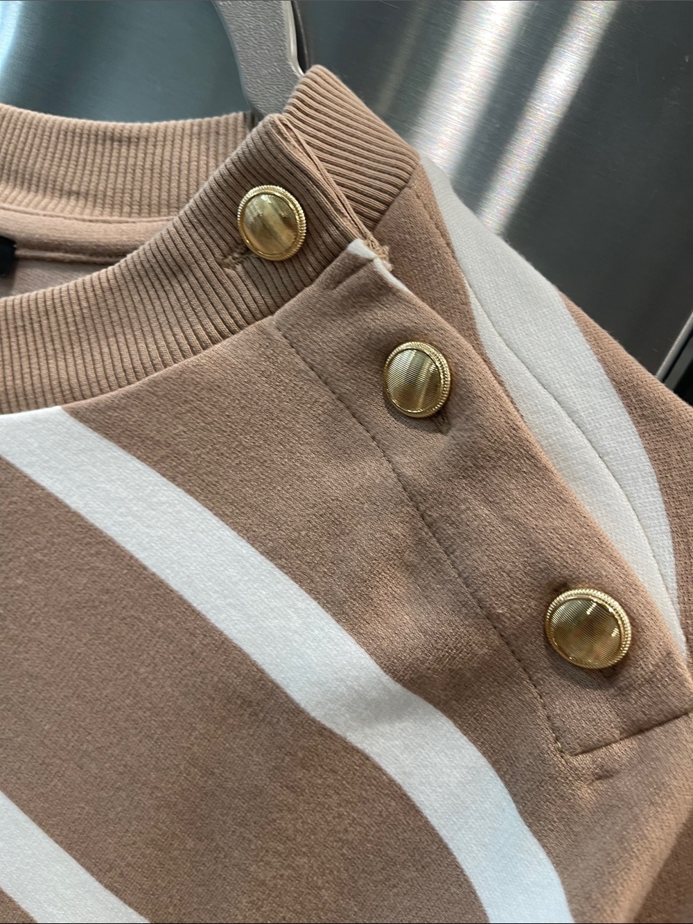 Ann Taylor Taupe and White Striped Short-Sleeve Button-Shoulder Tee - Picture 3 of 3